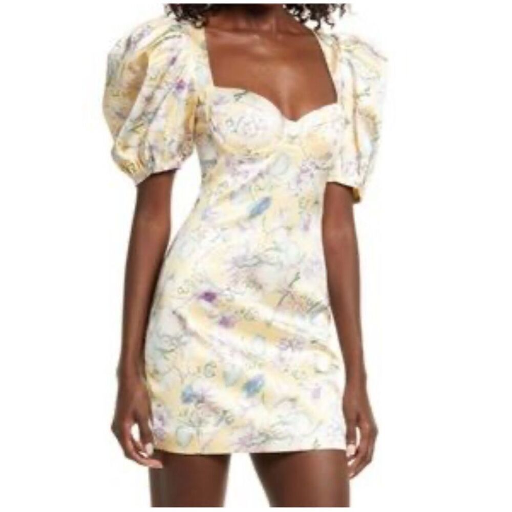 Lavish Alice Yellow Floral Puff-Sleeve Mini Dress